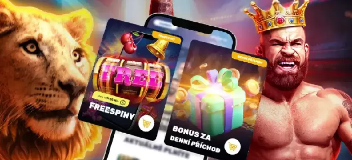 Freespiny a denní bonus v mobilní aplikaci — promo s lvem a „králem“. Promo s lvem a korunovaným svalnatým mužem; mobil s kartami „Freespiny“ (válec „FREE“) a „Bonus za denní příchod“ s dárkem.